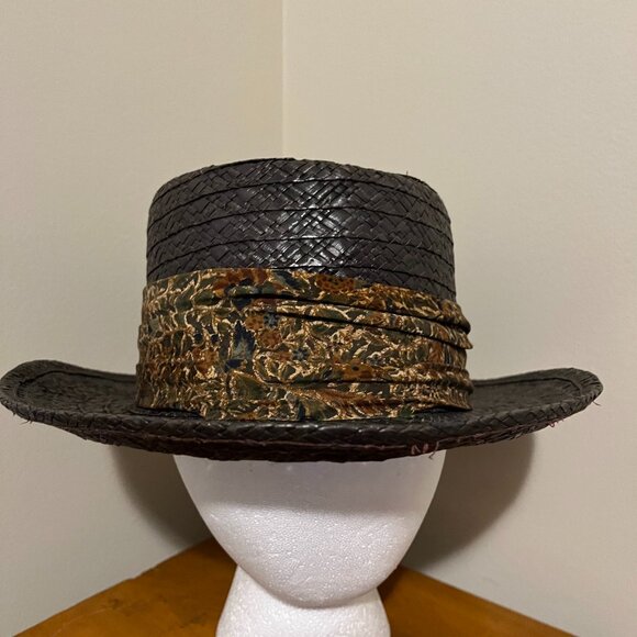 VINTAGE WORMSER MACORA STRAW HAT, 7 1/4 Brown, Rolled Brim, Floral Band New York - Picture 1 of 13